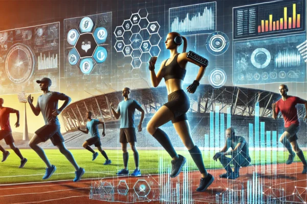 A dynamic representation of sports technology innovation by Tech Etruesports, highlighting athletes and data integration.