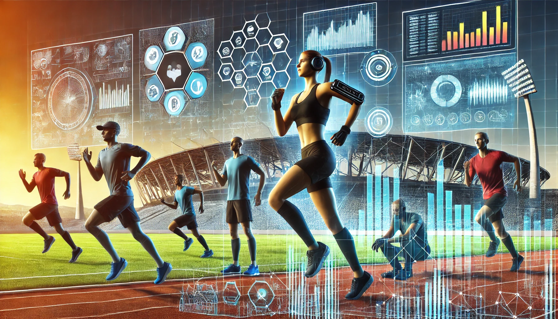 A dynamic representation of sports technology innovation by Tech Etruesports, highlighting athletes and data integration.