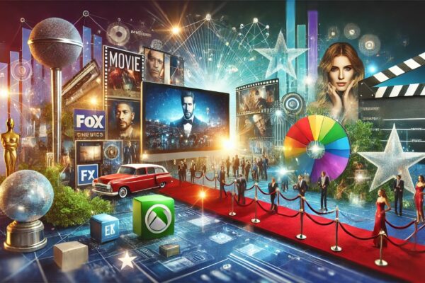 A vibrant digital image representing the entertainment industry with movie posters, celebrity images, and red-carpet scenes.