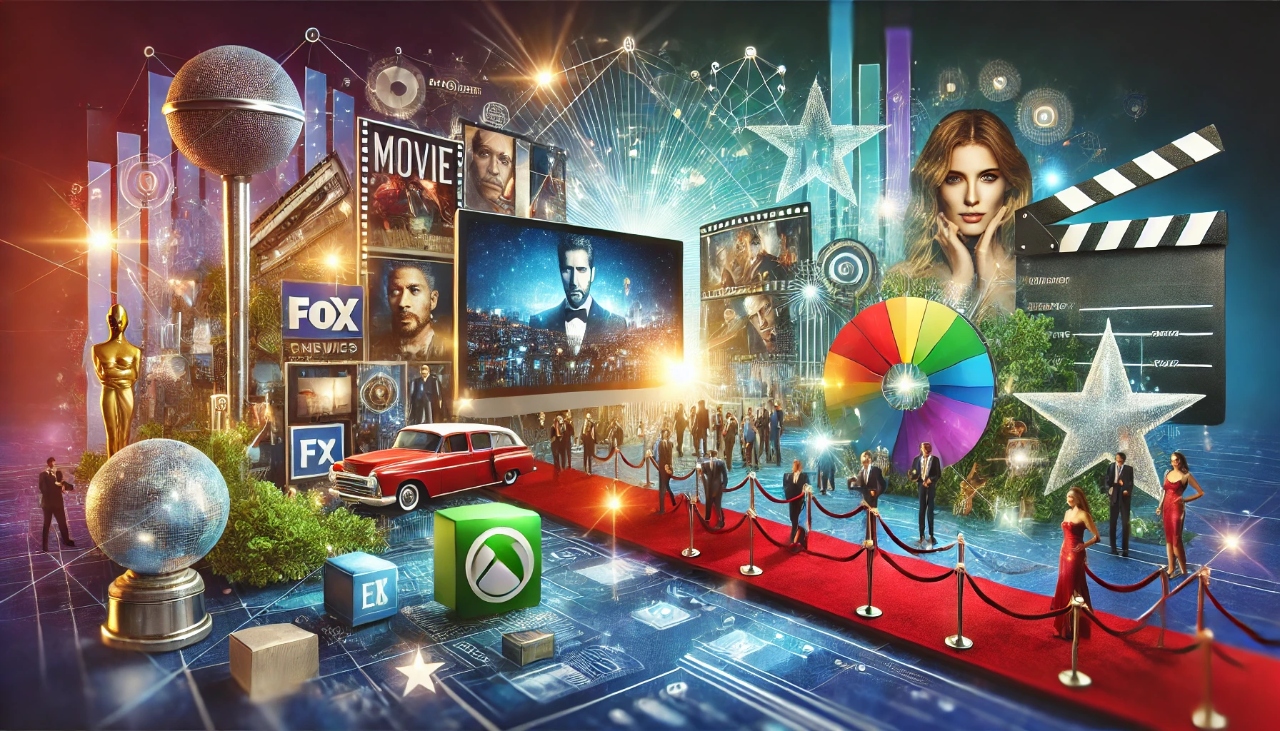 A vibrant digital image representing the entertainment industry with movie posters, celebrity images, and red-carpet scenes.